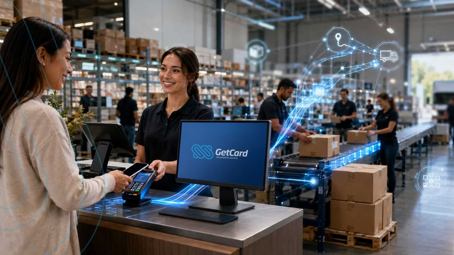Atendimento em loja com tecnologia GetCard e pagamento digital.