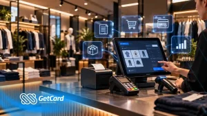 Caixa de loja com sistema de pagamento e interface digital