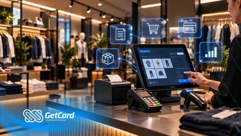 Caixa de loja com sistema de pagamento e interface digital