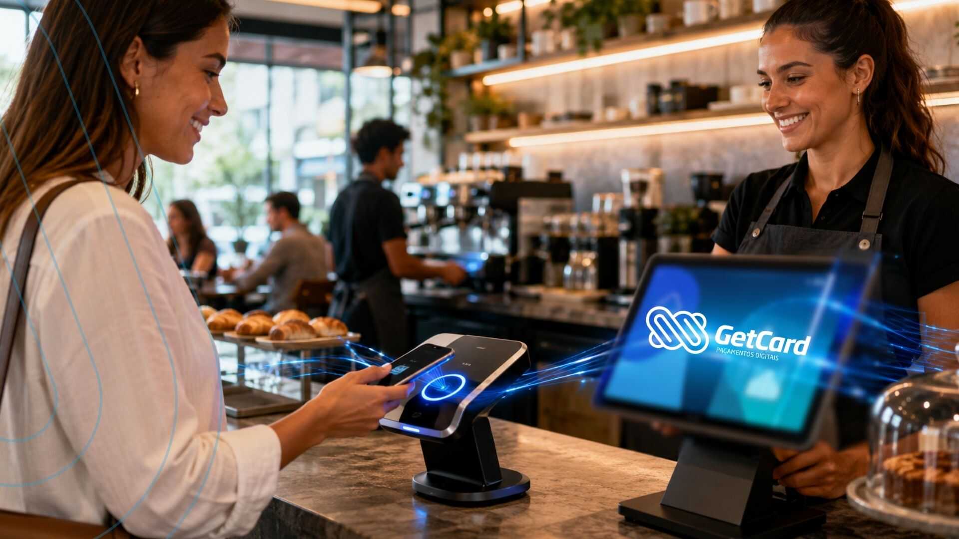 Cliente pagando com cartão em café moderno