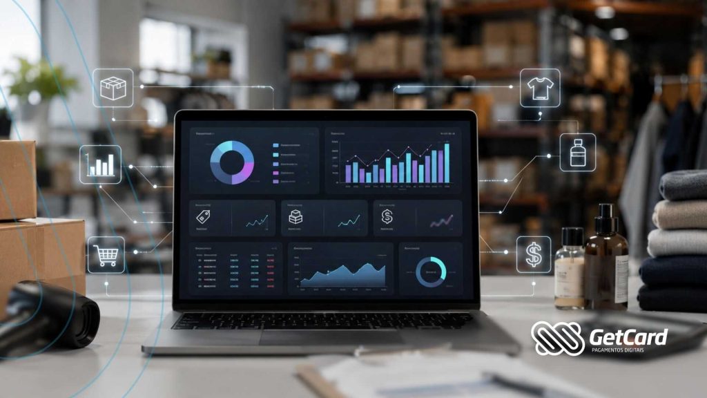 Notebook com dashboard de análise de dados e e-commerce, cercado por ícones de vendas e fundo de estoque.