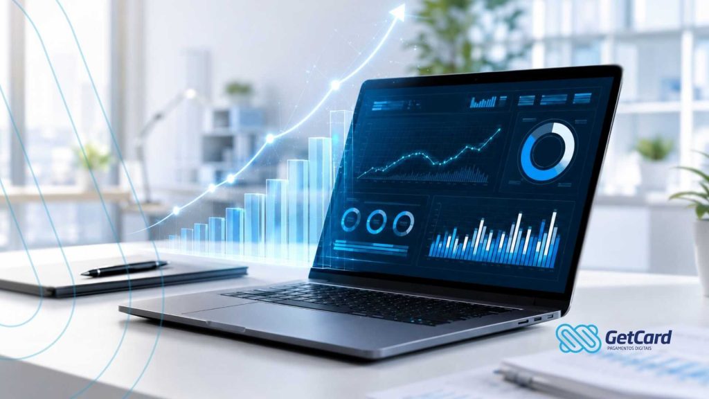 Laptop exibindo gráficos e dados em ambiente de escritório