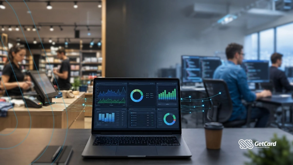 Laptop com gráficos de dados em escritório moderno