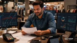 Homem analisando documentos em escritório moderno.