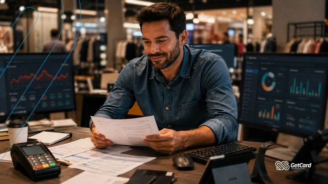 Homem analisando documentos em escritório moderno.