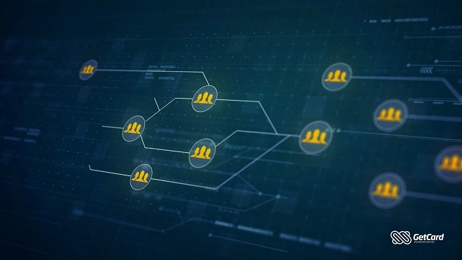 Ilustração digital de ícones de pessoas conectados por linhas em uma rede sobre fundo tecnológico azul.