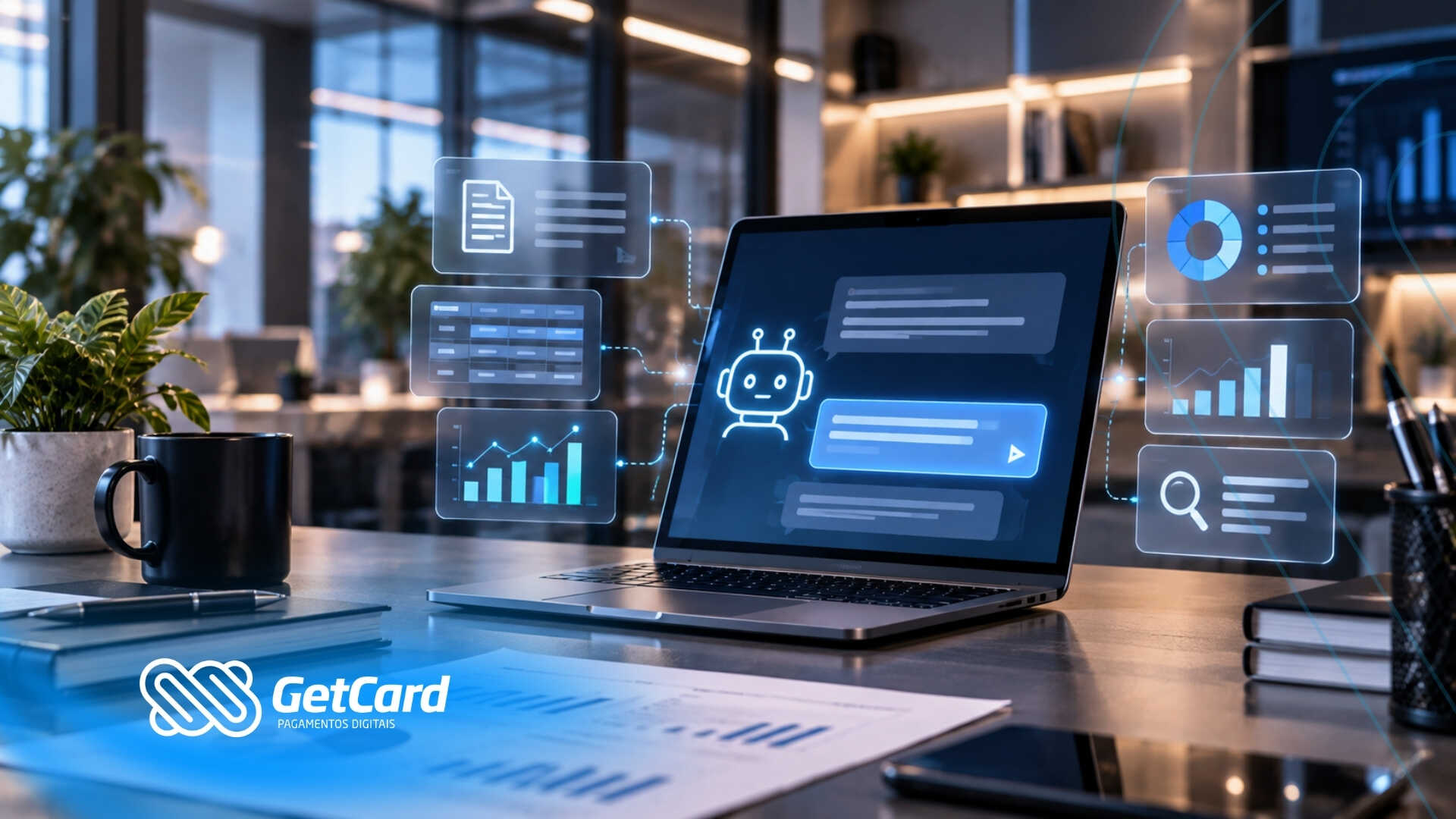 Laptop moderno com elementos digitais de IA e fintech