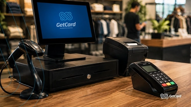 Maquininha de cartão em loja com logo GetCard.