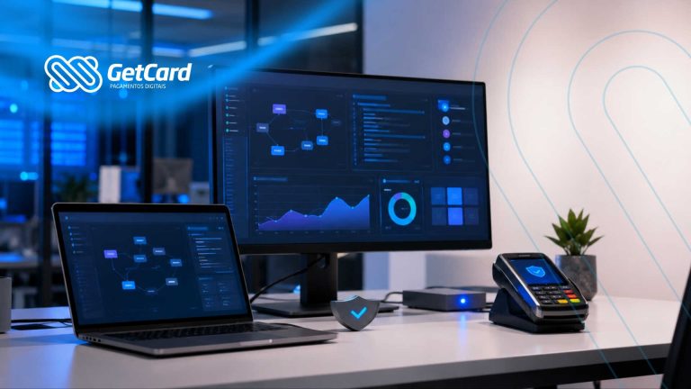 Mesa com computador e terminal de pagamento GetCard