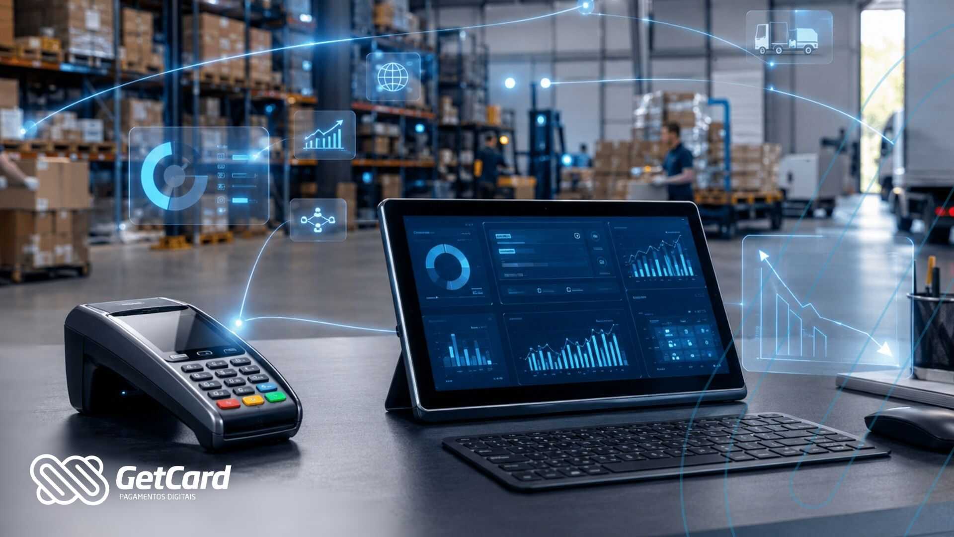 Mesa de trabalho com tablet e leitor de cartões em armazém