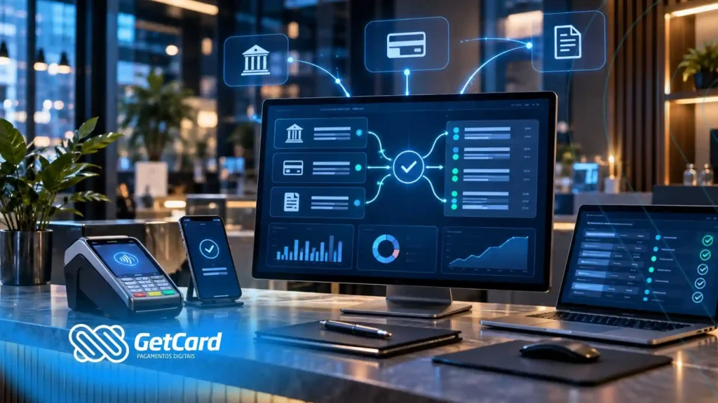 Mesa de trabalho com tecnologia de pagamentos digitais.