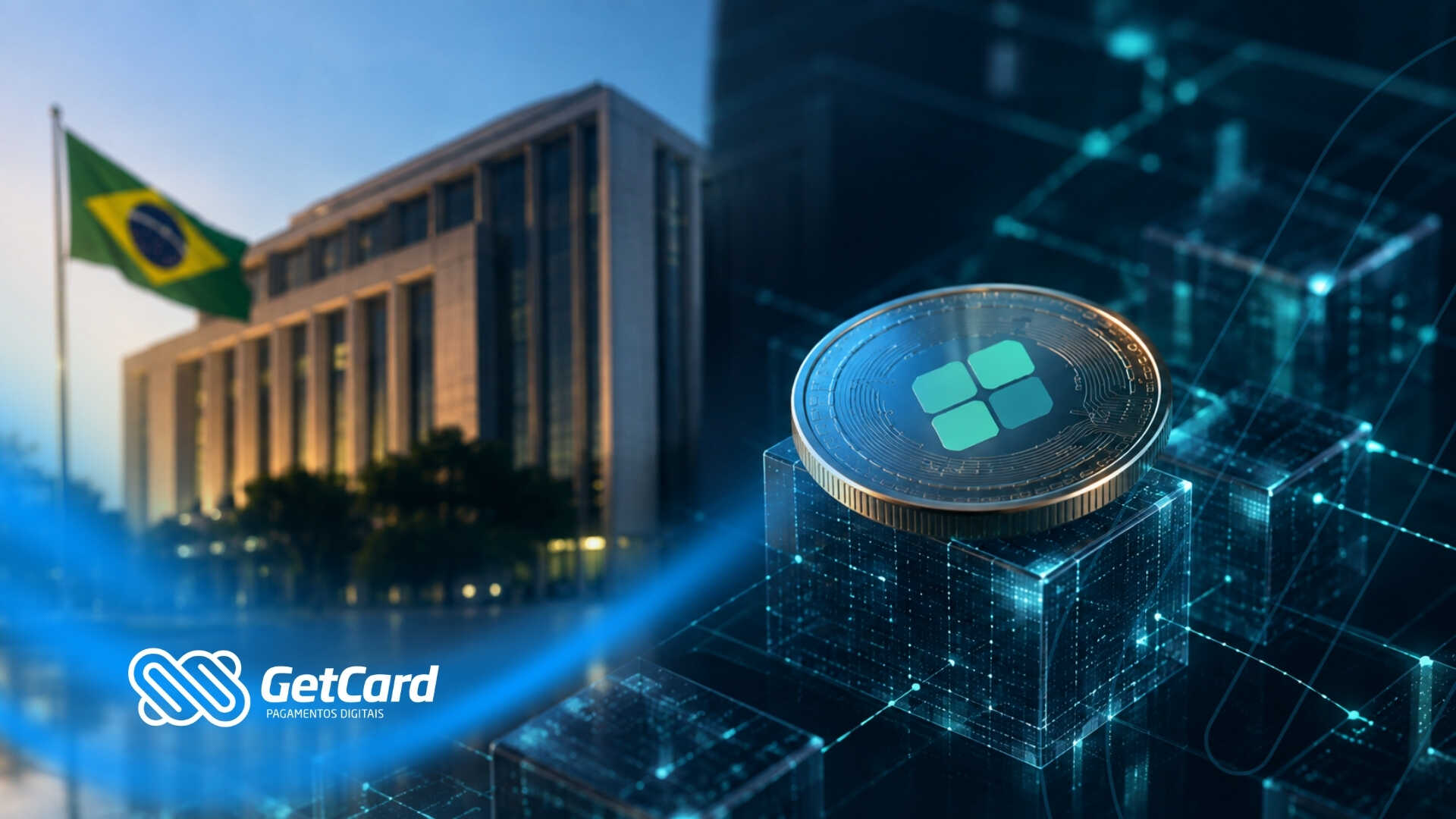 Moneda digital sobre fundo tecnológico e bandeira do Brasil