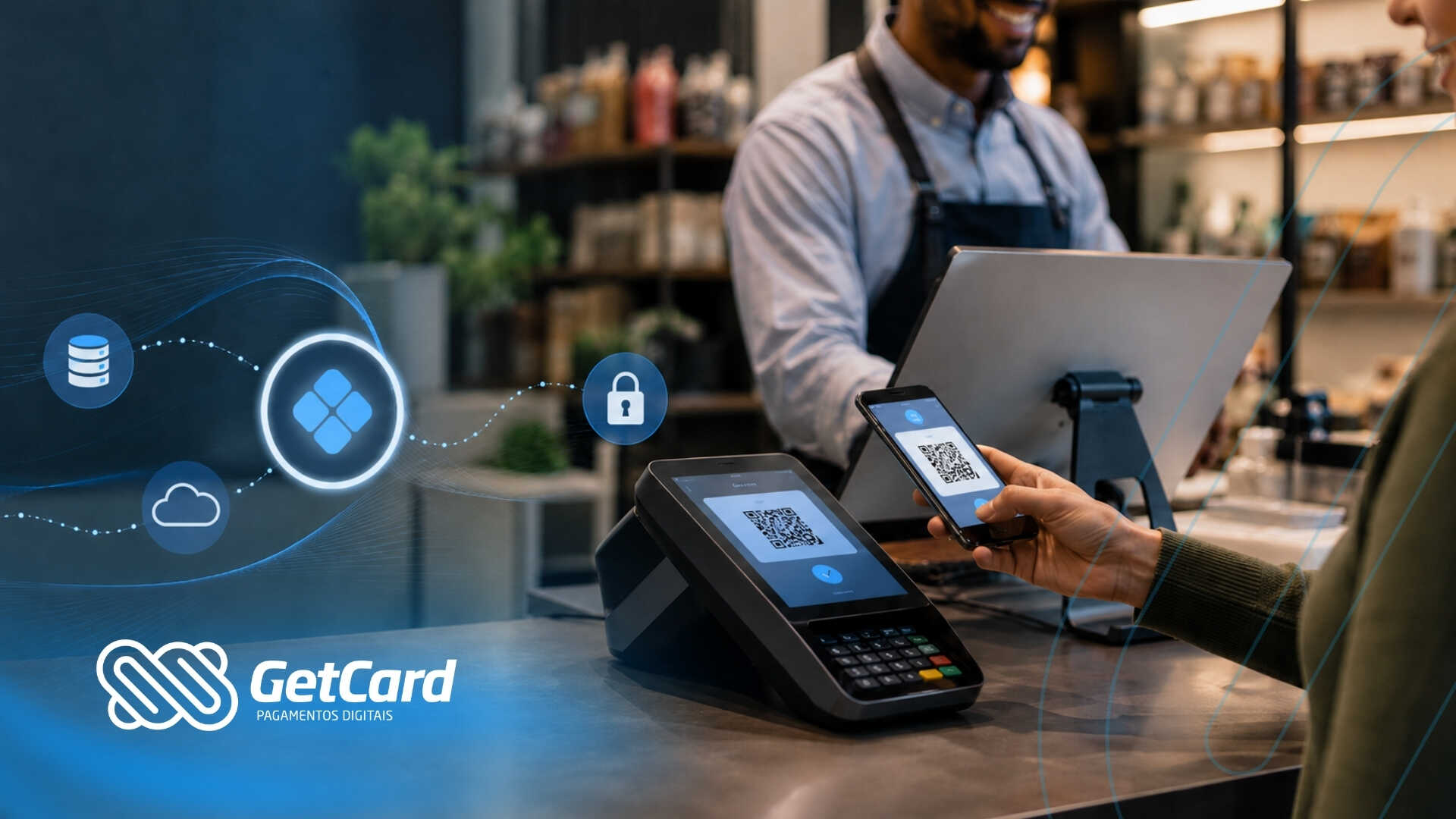 Pagamento digital com smartphone em loja moderna