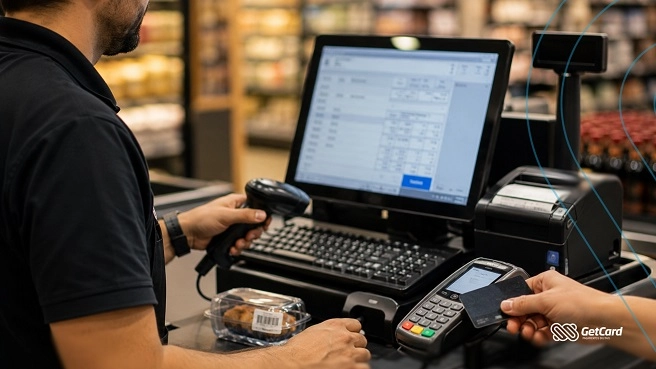 Pessoa usando caixa registradora em supermercado.