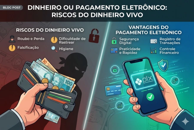 Comparação entre pagamento eletrônico e dinheiro vivo e seus riscos.