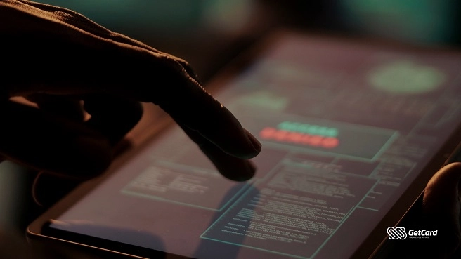 imagensBlog11 Close de dedo tocando tela de tablet com interface de segurança exibindo mensagem de acesso negado em ambiente escuro.