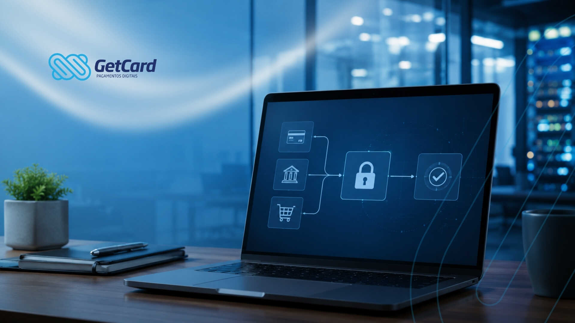 Laptop mostrando sistema de pagamento seguro GetCard