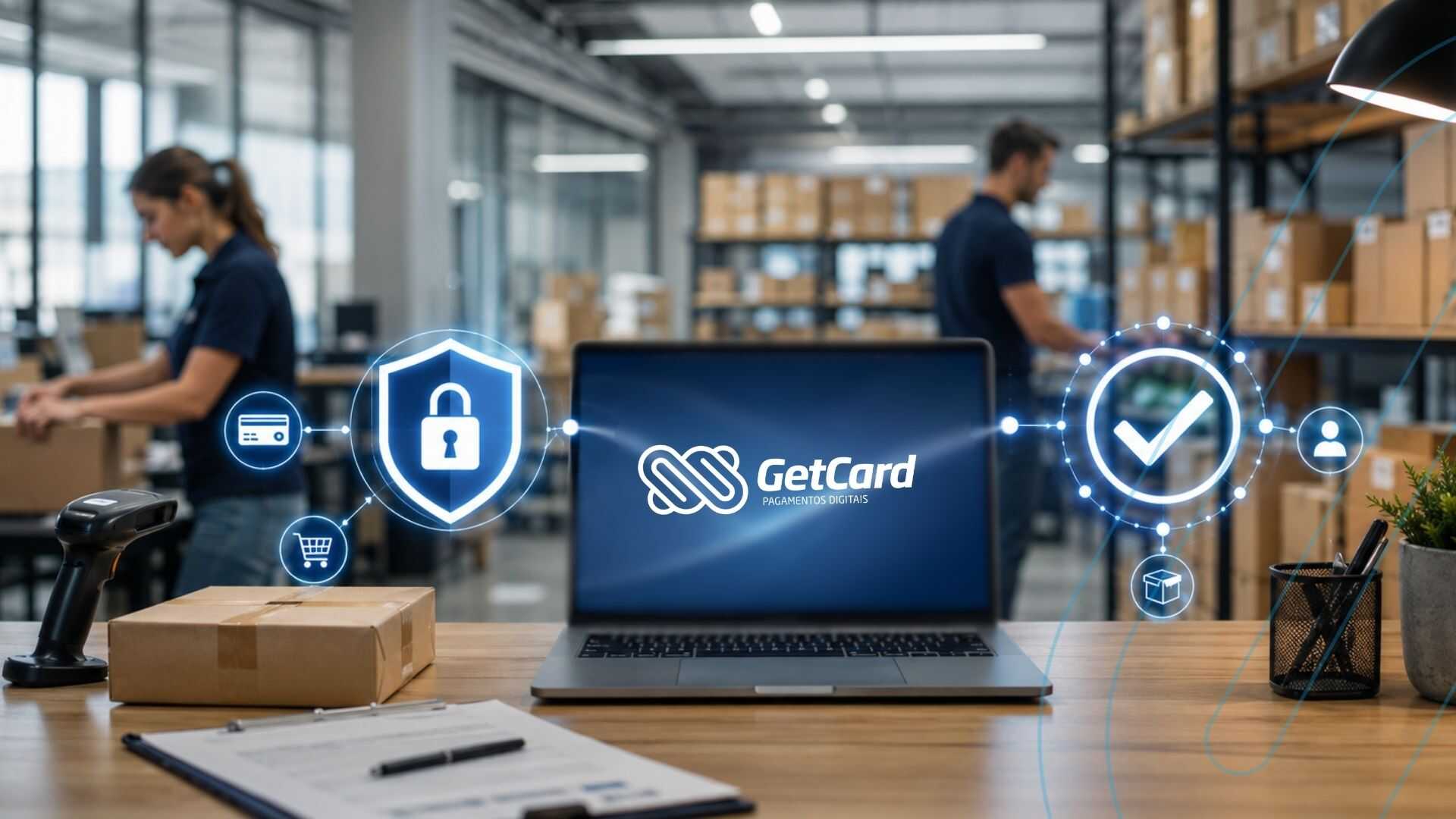 Tela de computador com logo GetCard em ambiente de trabalho