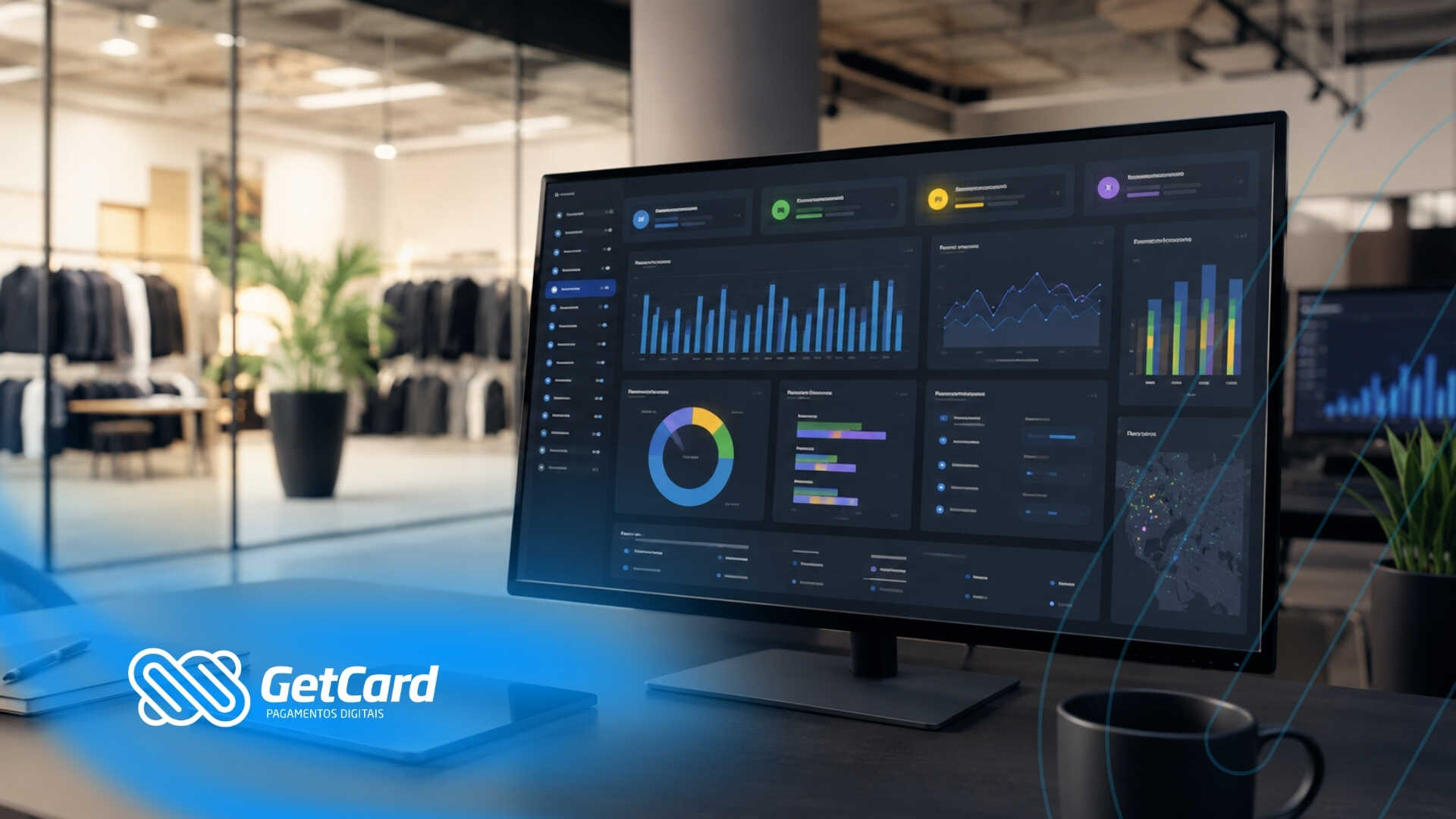 Tela de monitor com gráficos de dados financeiros.